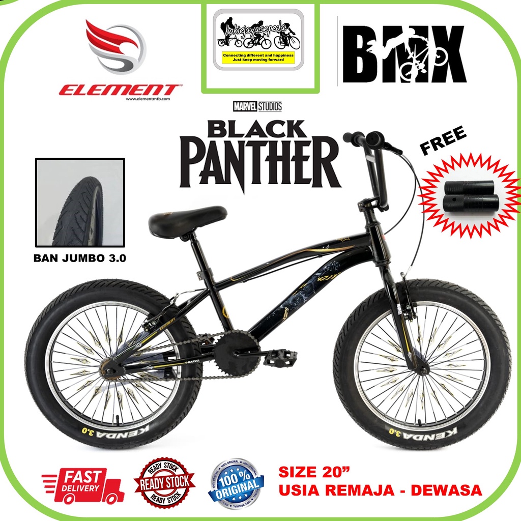 ELEMENT Sepeda BMX 20" Black Panther BAN jumbo 3.0 untuk anak 9 tahun sampai dewasa Bonus jalu besar