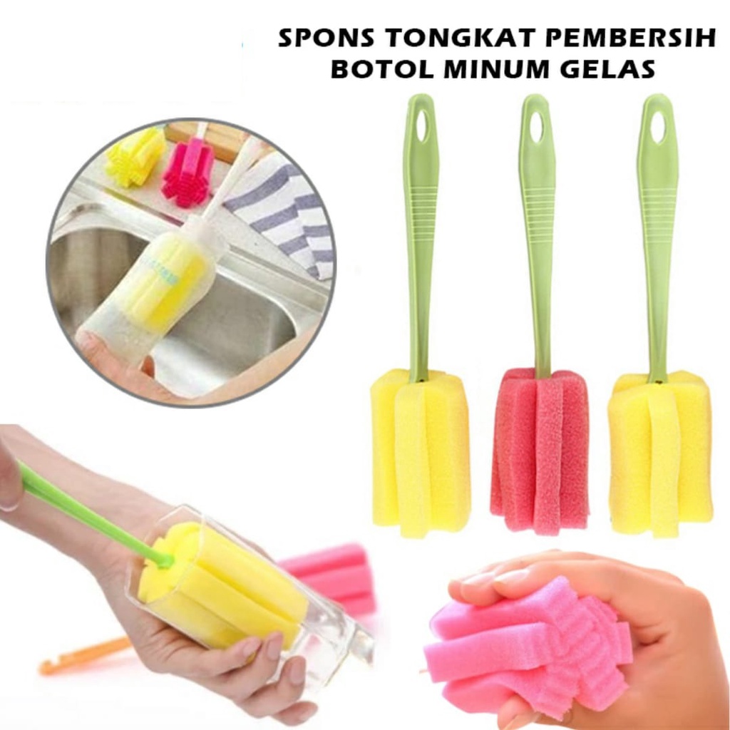 Spons Tongkat Pembersih Botol Minum Susu / Sikat gagang Busa Pembersih Dot Susu Bayi / Cleaner Sponge Stick Sikat Spon Pencuci Gelas Serbaguna