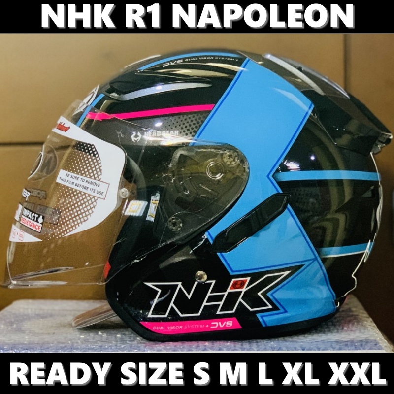 Helm NHK R1 Napoleon Black Blue Glossy Double Visor Half Face - Helem Motor SNI DOT Touring Dewasa P