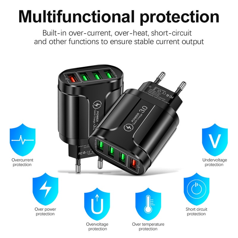 Adapter Charger Dinding 4 Port USB QC 3.0 Fast Charging Plug EU / US Portable Untuk Android / Travel
