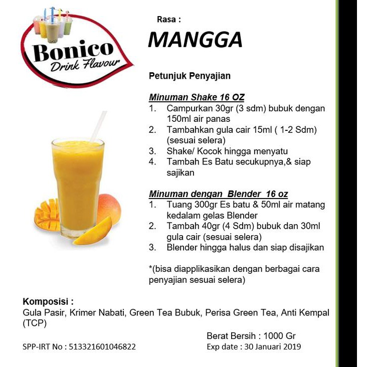 

R527 BONICO MANGGA DRINK POWDER 500GR BUBUK MINUMAN MANGO SHAKE ICE BLEND 6U9M