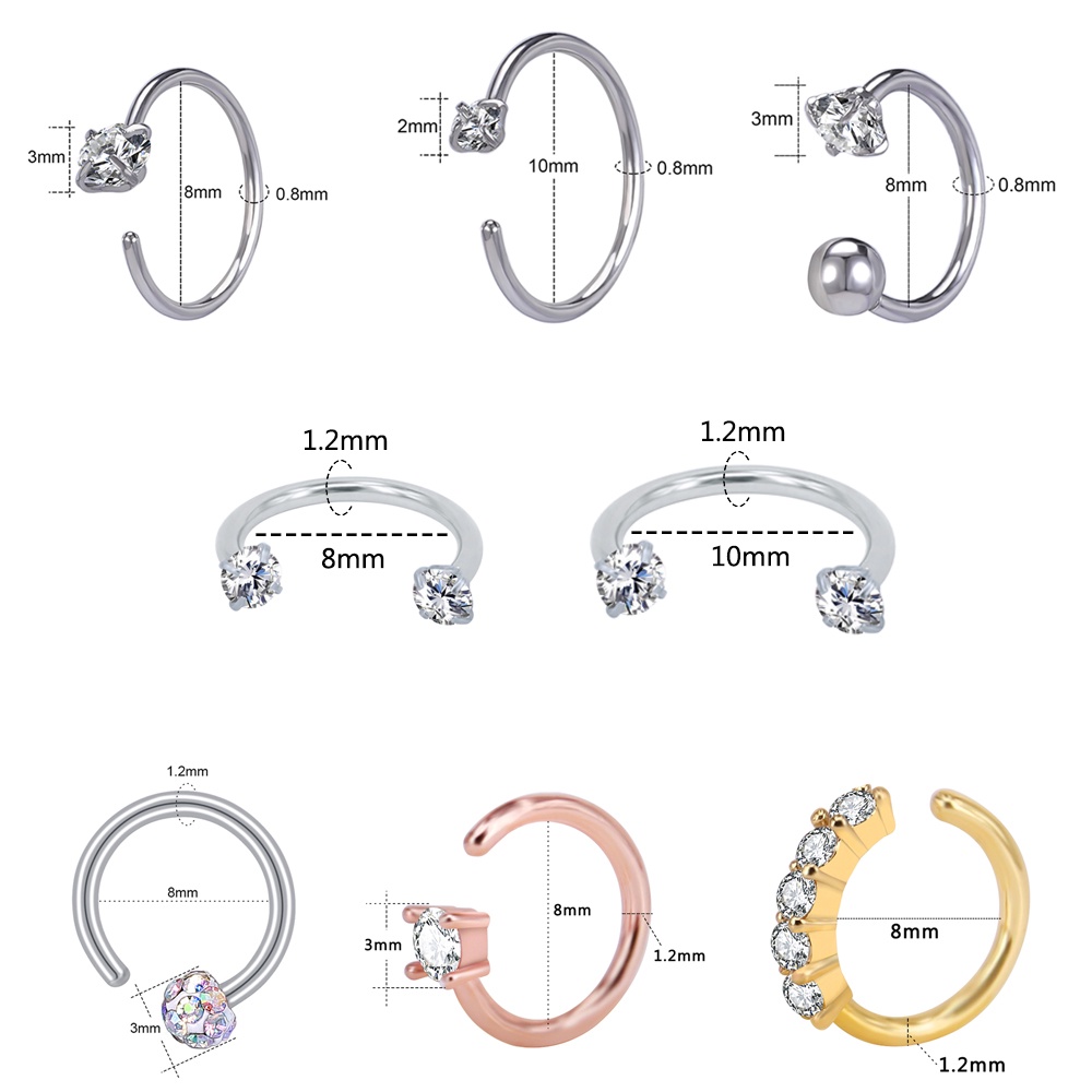 1pc Cincin Tindik Hidung / Bibir / Telinga Bentuk C Bahan Stainless Steel Hias Kristal Zirconia 8 / 10mm