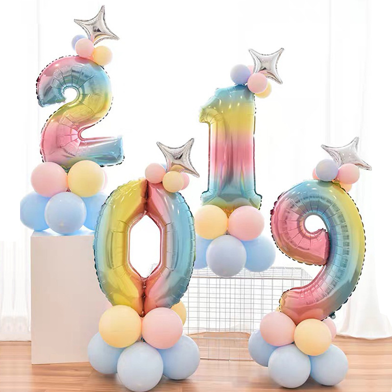 32 Inches Number Foil Balloon Set Digital Colourful Gradient Star Rainbow Birthday Party Anniversary Baby Shower Decoration