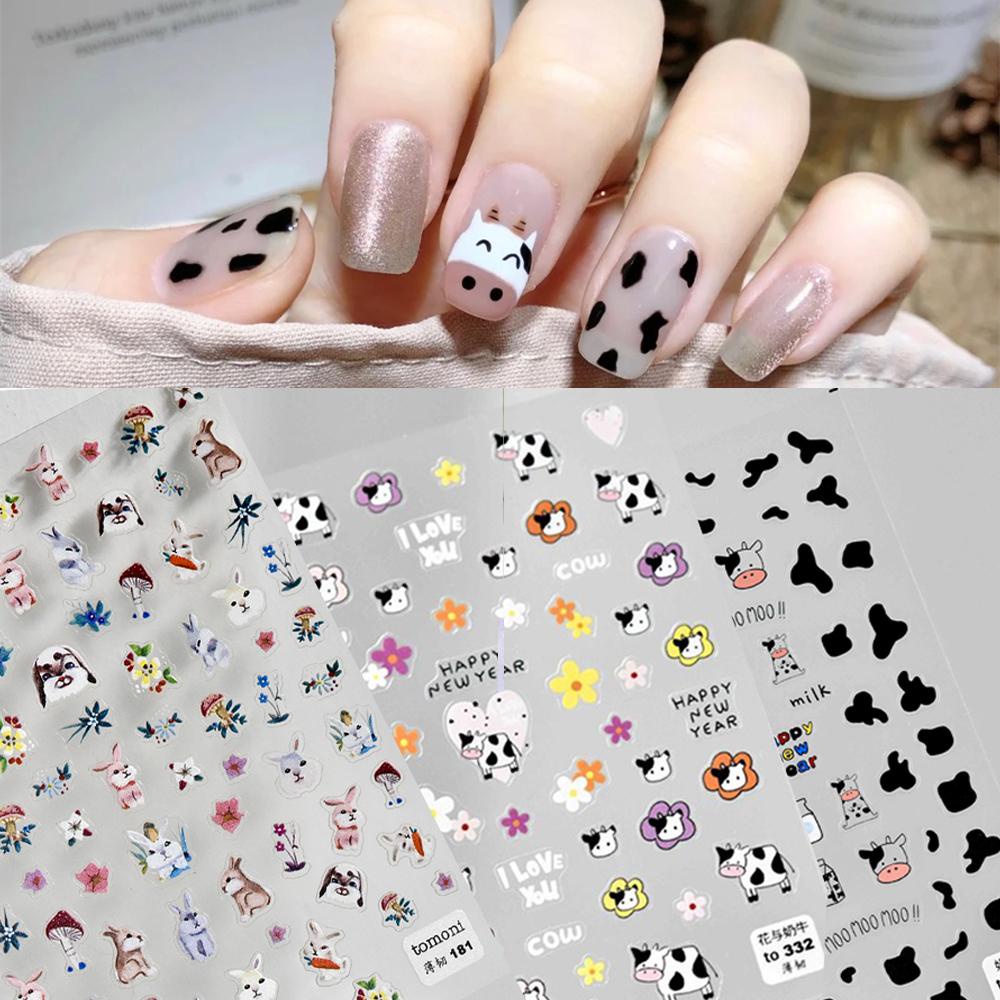 AUGUSTINA Agustina Kuku Decals 3D Wanita Gadis Manikur Aksesoris Musim Semi Air Slide Decals Kelinci Bunga Tanaman DIY Nail Art