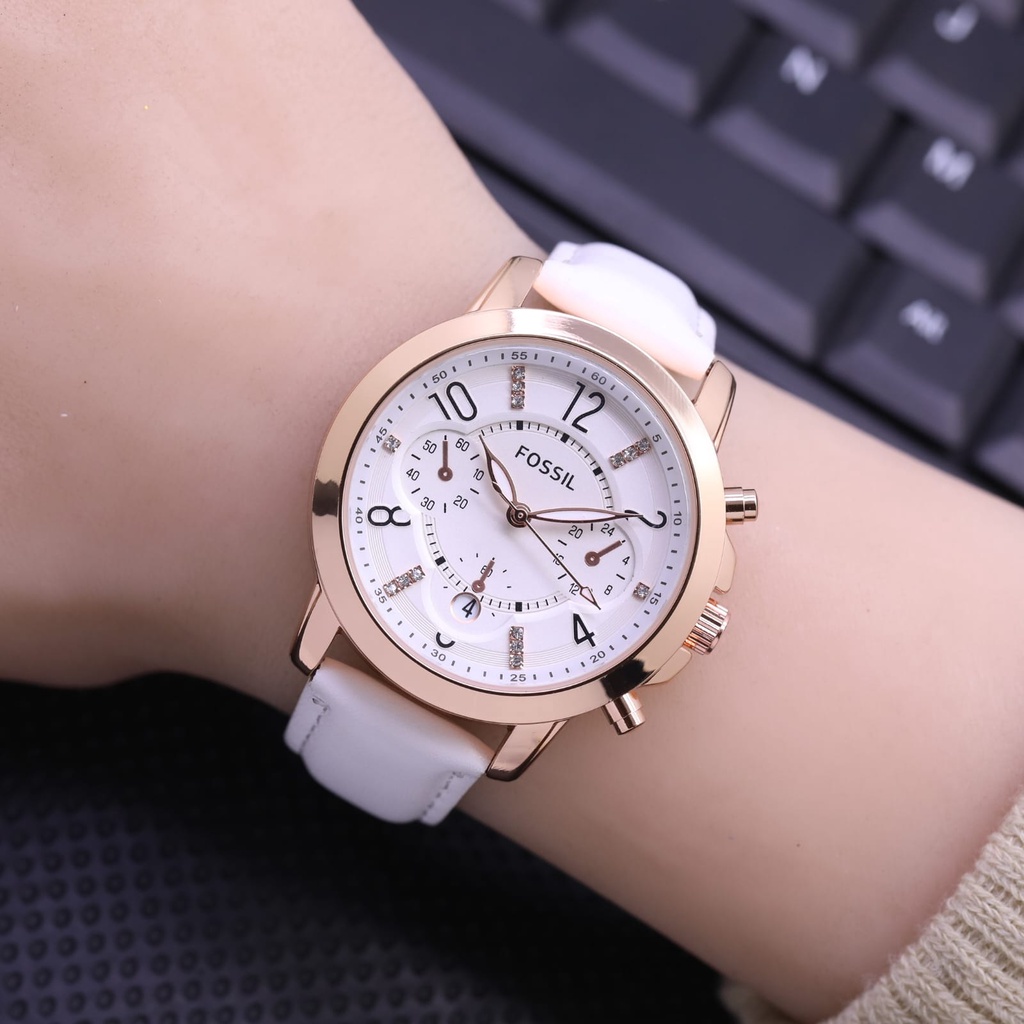 Jam Tangan Wanita L7853S Tali Kulit Tanggal Aktif Chrono Variasi Free Box &amp; Baterai