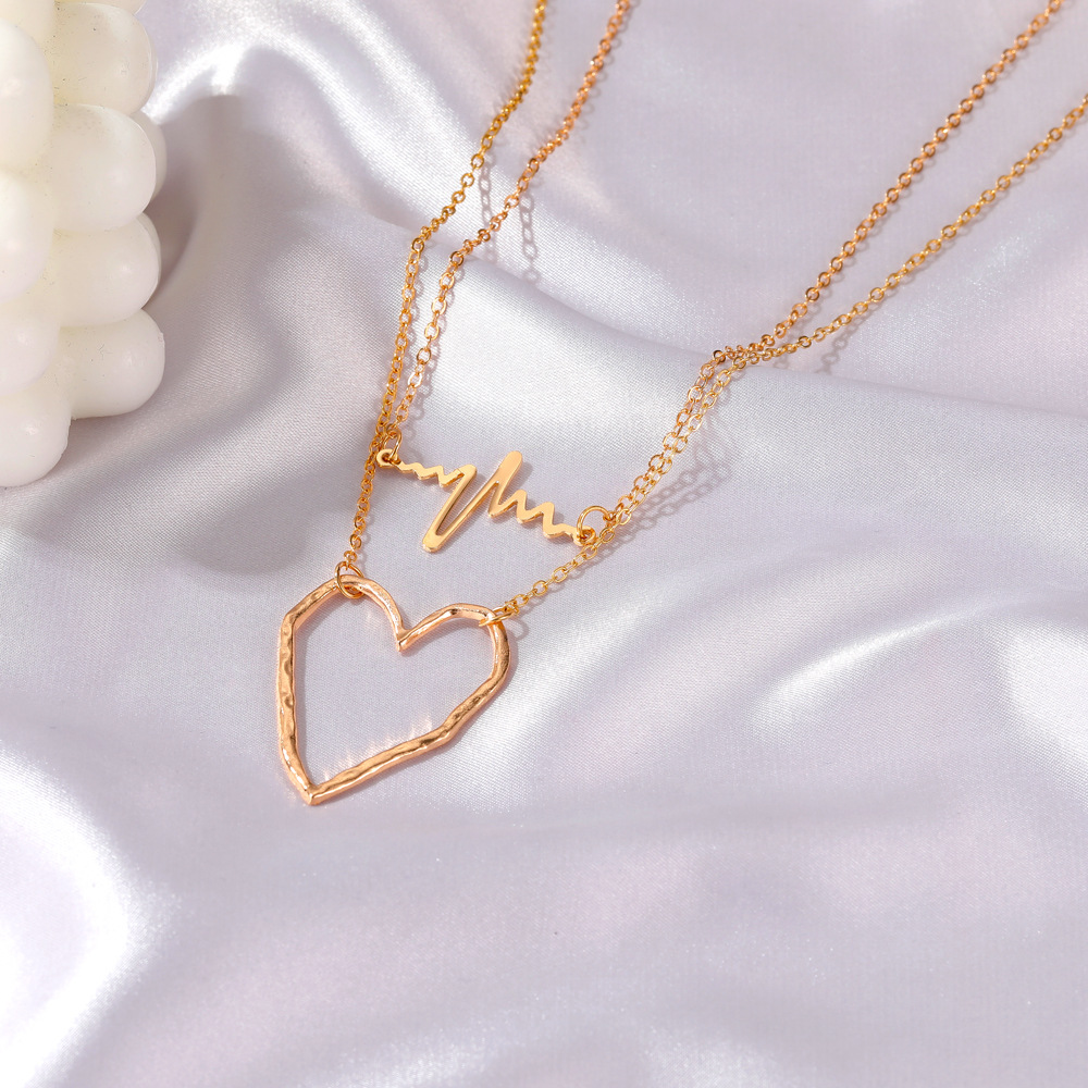 Fashion Kalung Hati Ganda Rantai Klavikula Logam EKG Yang Dipersonalisasi Hari Valentine Cinta Fashion Wanita Perhiasan