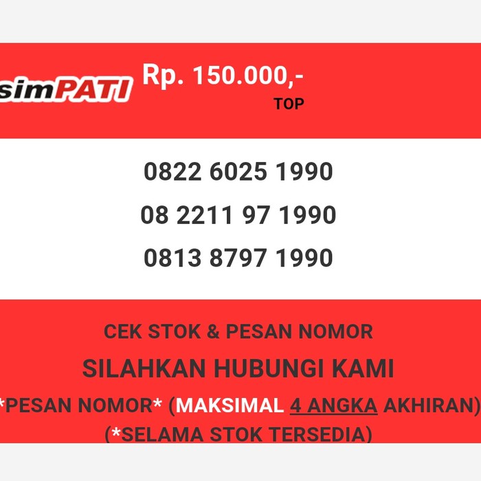 Nomor cantik Telkomsel murah tahun lahir 1990 simpati & loop T0888-150