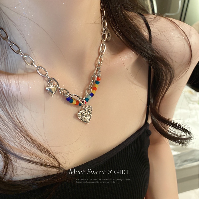 Y2k Kalung Choker Rantai Silver Dengan Liontin Hati Hias Manikmanik Warnawarni Untuk Wanita