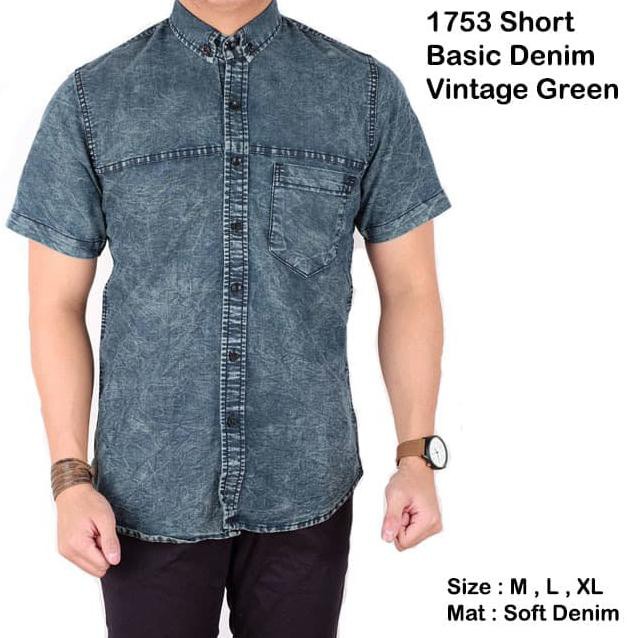 kemeja pria lengan pendek denim / baju cowok denim jean Berkualitas