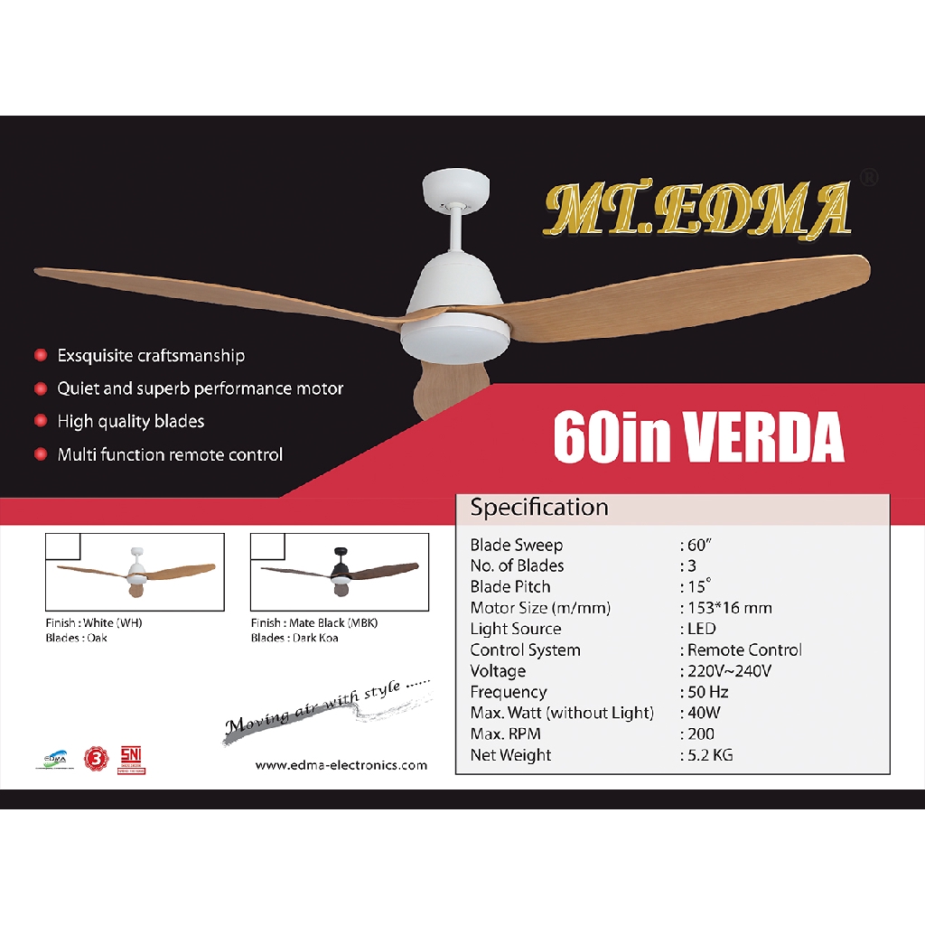 Mt.Edma 60in Verda Kipas Angin Plafon Ceiling Fan Dekoratif Dengan Lampu Hias LED Dan Remote Control