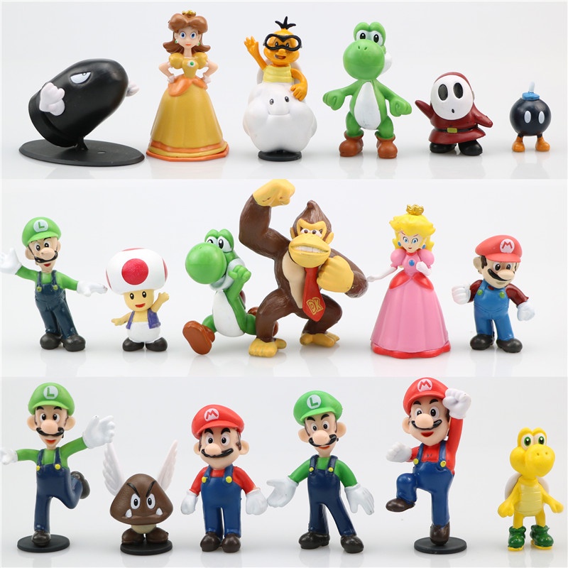 18pcs / set Mainan Action Figure Super Mario Bros Yoshi Peach Princess Luigi Shy Guy Odyssey Keledai Kong Bahan PVC