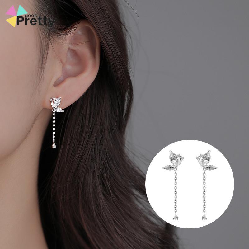 Anting Kupu-kupu Rumbai Drop Earrings Retro French Temperamen Indah Flash Diamond Earrings - PD