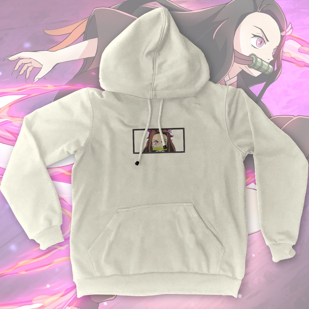 Hoodie Nezuko Embroidery White (putih gading) Anime Manga Kimetsu No Yaiba Demon Slayer Premium Unisex