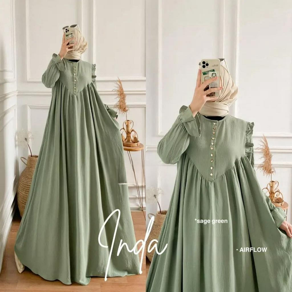 (BISA COD) Inda dress Gamis polos simple Gamis crenkle busui Gamis kondangan terbaru Fashion wanta muslimah