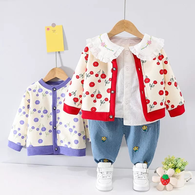 Setelan Baju Rajut Anak Perempuan / Setelan Jeans Anak Perempuan / Baju Anak Perempuan 3in1 Import /
