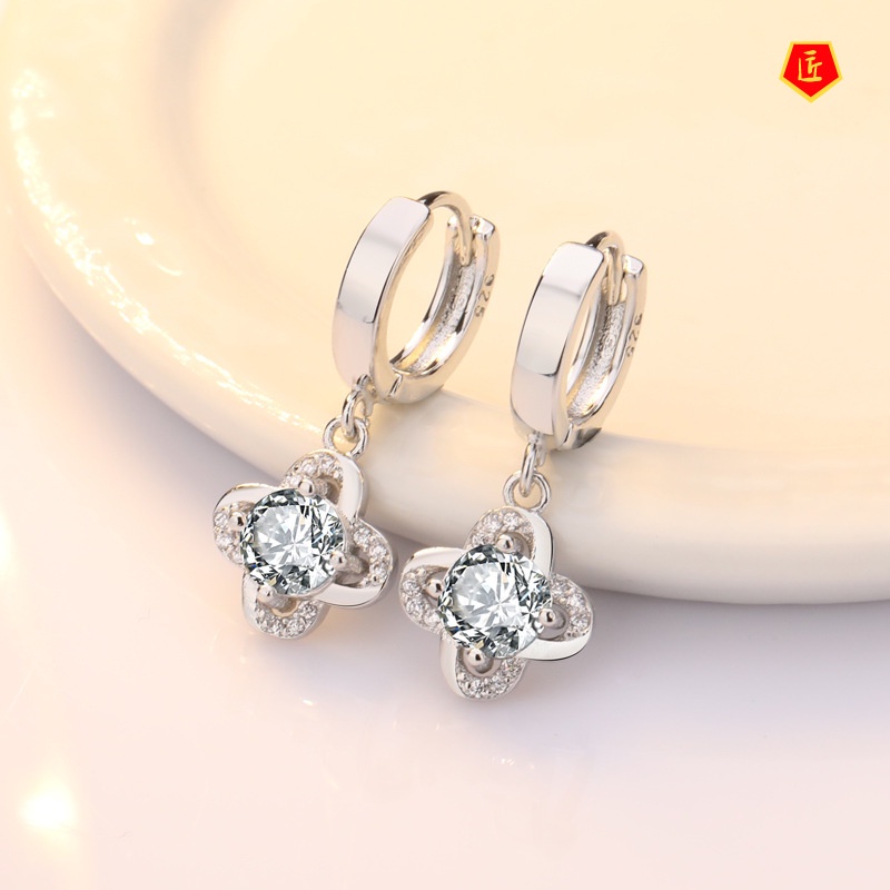 [Ready Stock]Women's Silver Korean-Style Simple Lucky Clover Diamond Earrings