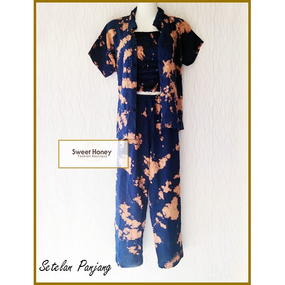Sweet Honey ~ Setelan 3in1 Tiedye Pajamas Kemeja Kemben Kerut Celana Panjang Camisol Tiedye Bali