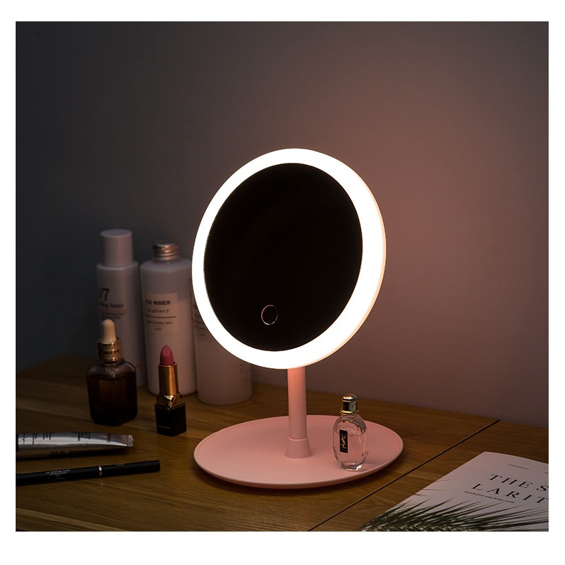 Cermin LED Foldable Kaca Rias Make Up Double Sided Mirror Cermin Make up Meja dengan Lampu LED Touchscreen Rotasi 90 Derajat