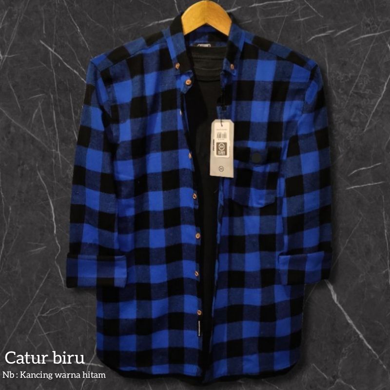 Kemeja Flanel catur kotak kotak biru lengan panjang pria