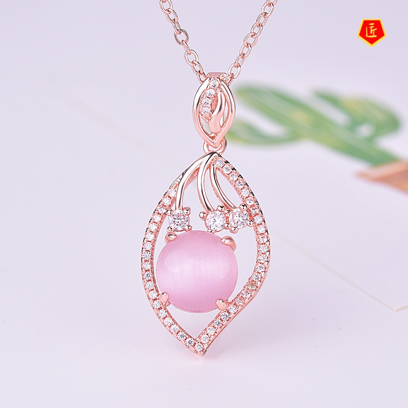 [Ready Stock]Pink Crystal Ross Quartz Full Diamond Pendant Korean Style Simple 18K Rose Gold