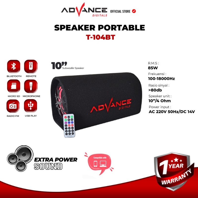 Advance Subwoofer Bass Speaker Bluetooth T104BT Remote 10&quot;