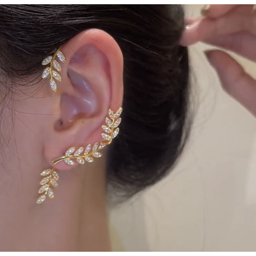 AY(CN) Anting Kristal Daun Emas Perak Versi Korea Dari Emas