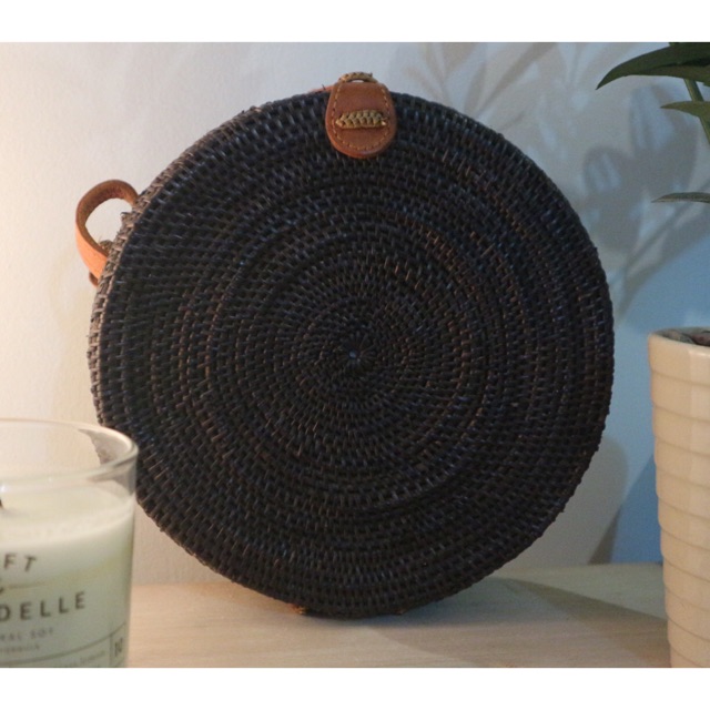 Preloved Tas Rotan Etnik Bulat Hitam Cokelat - Tas Rotan Bulat Selempang Cross Body