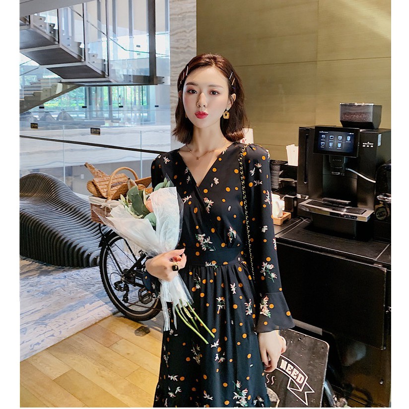 Maxi Dress FLORAL TIER import BUNGA HITAM OREN BULAT baju gamis import ala korea 1157