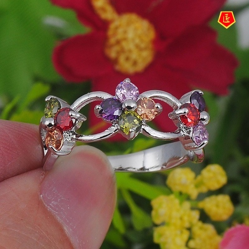 [Ready Stock]Fashion Inlaid Multi-Color Gemstone Flower Ring