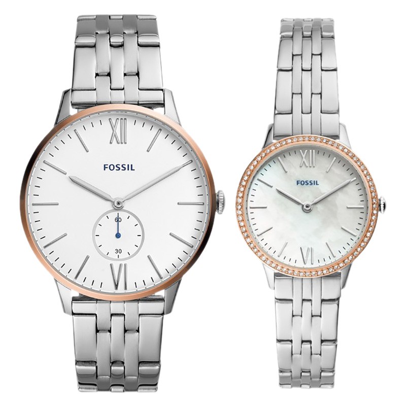 Original Jam Tangan Couple Fossil FS5562SET His And Her White Dial Stainless Steel Strap Premium