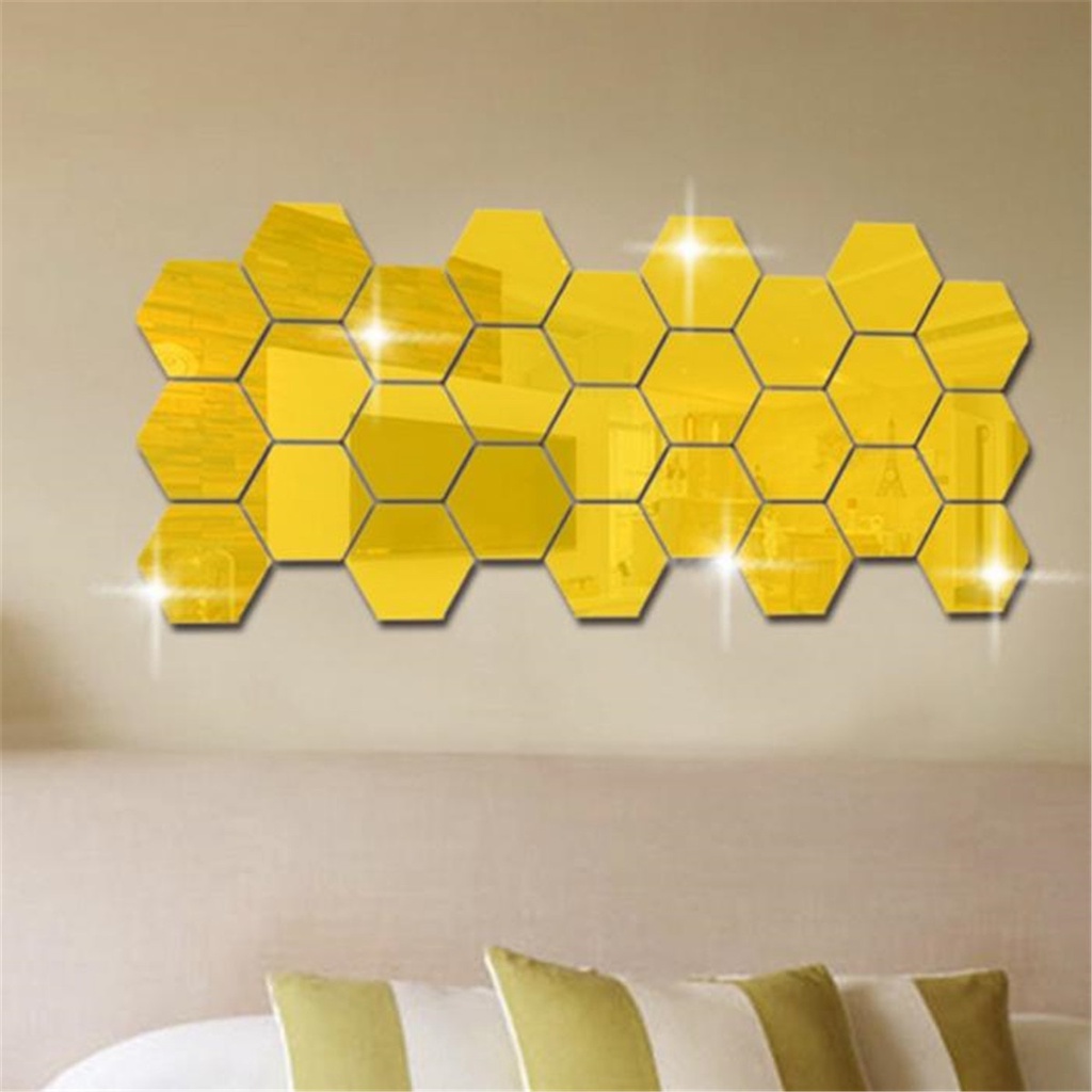 Cermin dinding Dekorasi Rumah Sticker Kaca cermin ruang tamu minimalis modern Dekorasi Dinding Hexagon Mirror Acrylic 7PCS Warna Silver dinding rumah minimalis modern untuk ruang tamu kamar mandi bathroom ruang keluarga kantor cafe toko