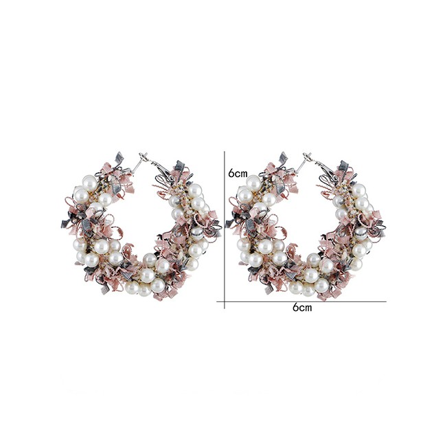 LRC Anting Tusuk Fashion Pink Alloy Garland Pearl Earrings D28747