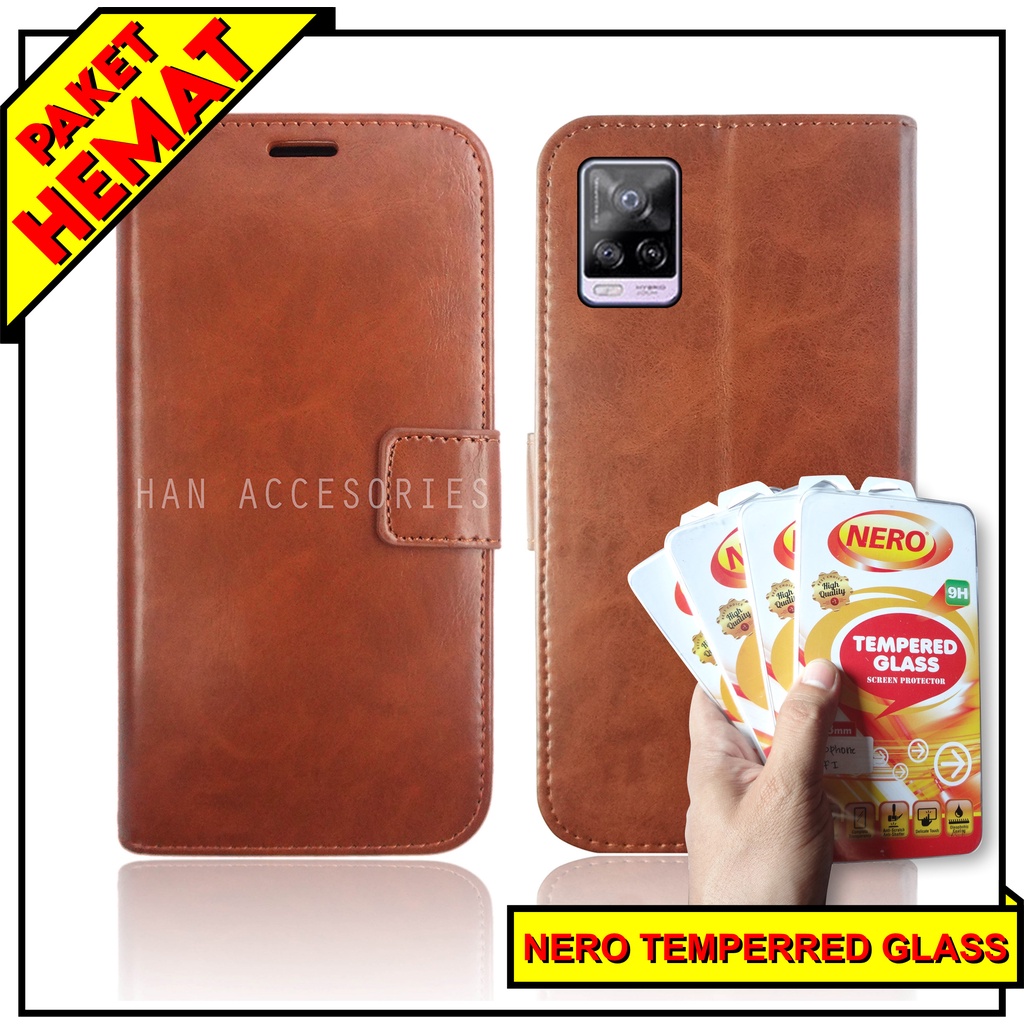 (PAKET HEMAT) Fashion Selular Flip Leather Case VIVO V20/V20 SE/X50/X50 PRO Flip Cover Wallet Case Flip Case + Nero Temperred Glass