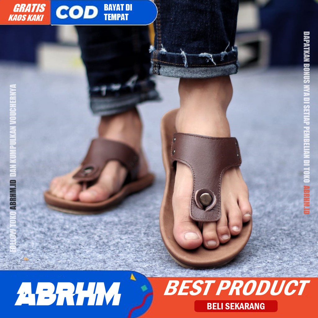 ABRHM x CLOVER Sandal Jepit Pria Sandal Pria Kulit Asli Sandal Japit Cowok / Cowo Keren Ori Kekinian