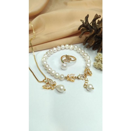 Mutiara lombok asli | Set cincin, gelang,kalung dan liontin rhodium mutiara air tawar ( mutiara warn