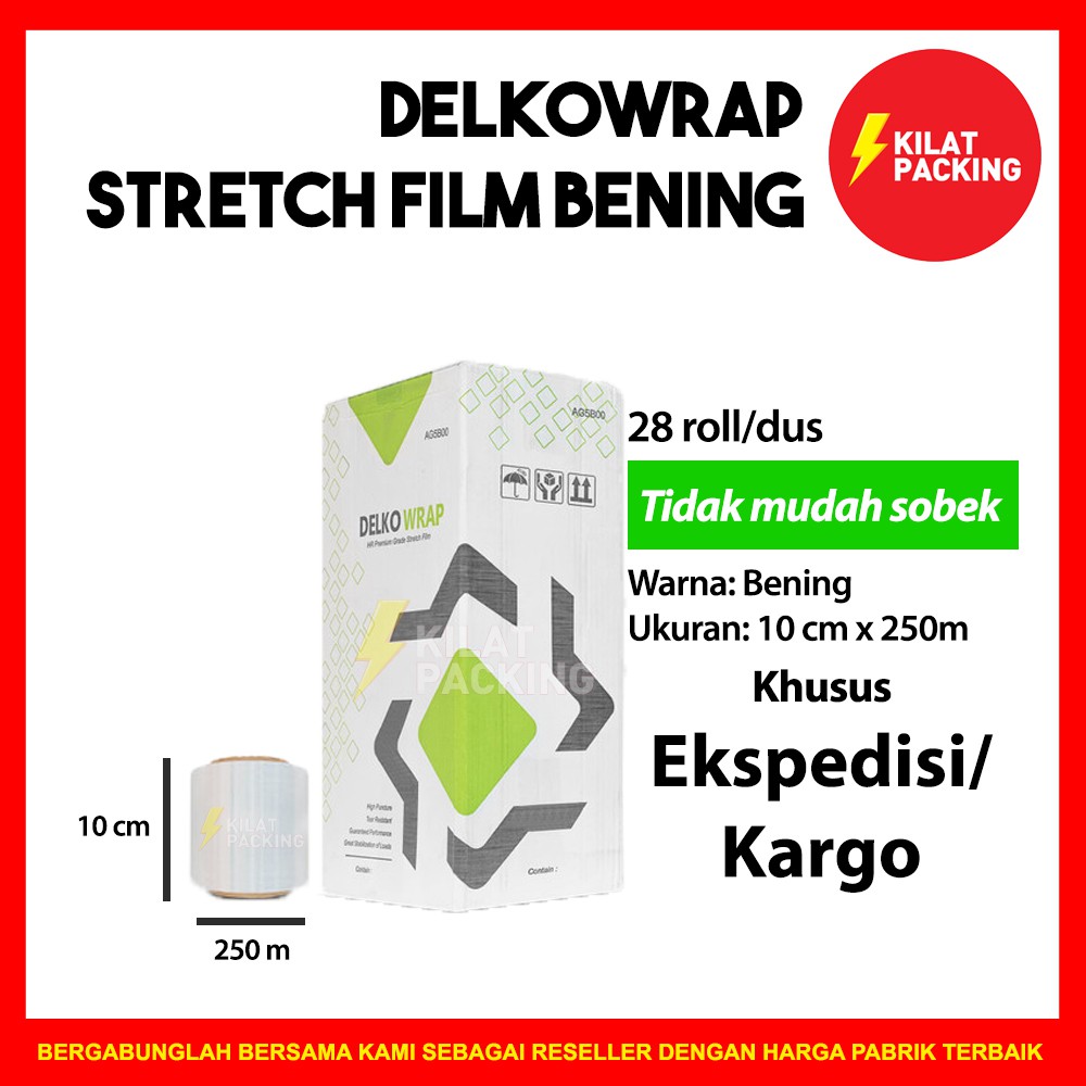 

PLASTIK WRAP KUAT TERMURAH - STRETCH FILM BENING - DELKOWRAP - 10CM X 250M 1 DUS ISI 28 ROLL