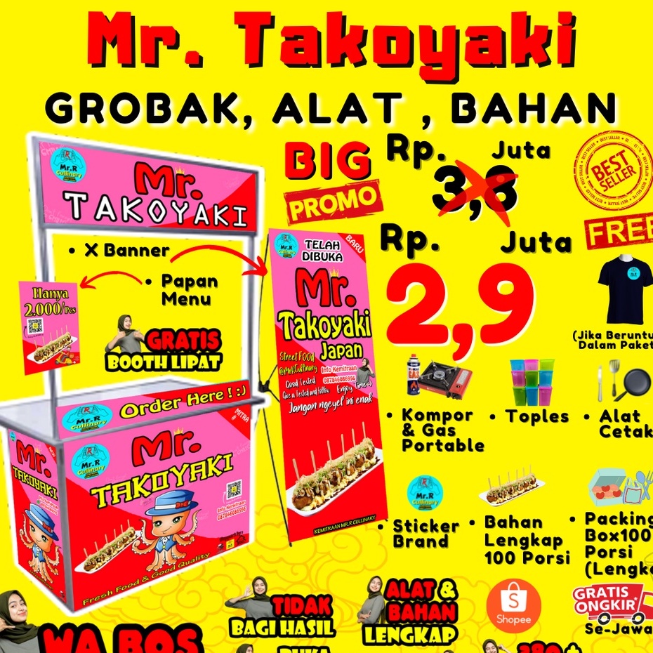 

Mr.TAKOYAKI NEW|| MR.R CULLINARY (FRANCHAISE,PAKET USAHA,KEMITRAAN) GROBAK/BOOTH PORTABLE,ALAT LENGKAP, DAN BAHAN BAKU UTAMA