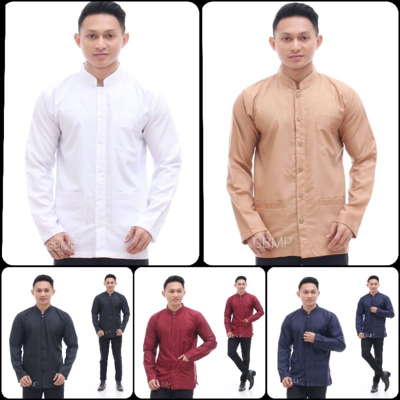 Baju Koko polos lengan panjang dewasa tiga saku kurta baju muslim pria bahan toyobo M.l.xl