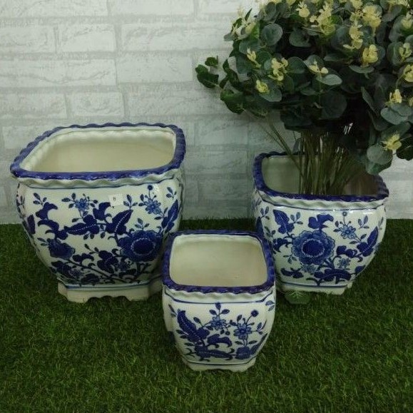 Pot Tanam Keramik Segi Empat / Pot Tanaman Keramik / Pot Bunga / Pot Keramik Biru Putih Set 3 pcs