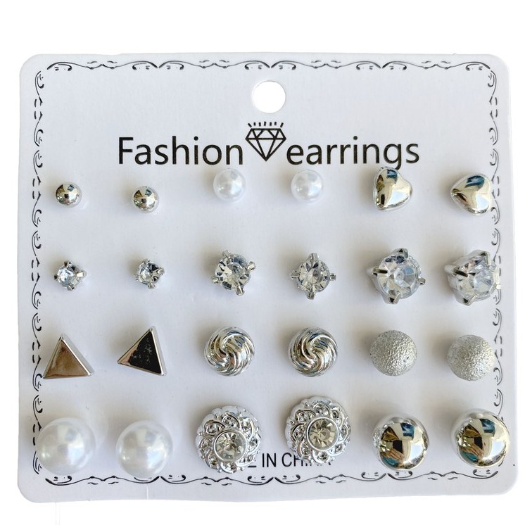 ⭐COD 12 Pasang Anting Set Tusuk Model Mutiara Intan Bentuk Bulat Gaya Korea Untuk Wanita Dalika-B Silver