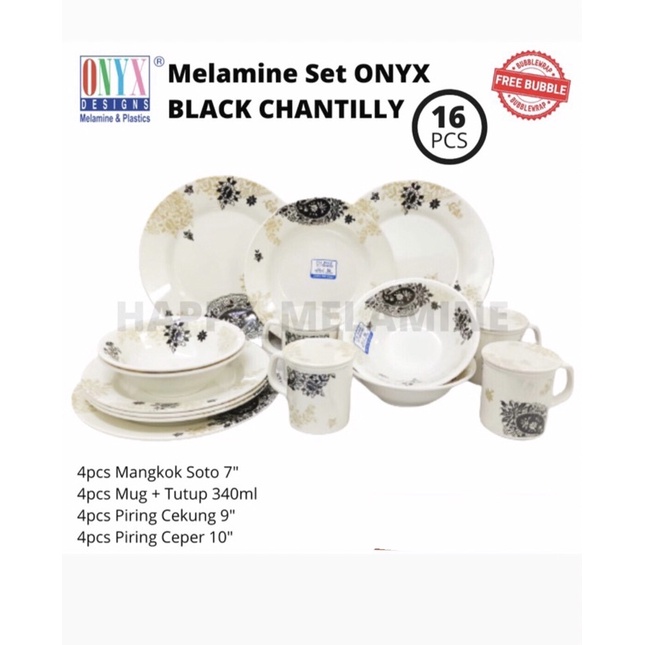MANGKOK PIRING MUG GELAS MELAMIN SATU SET ISI 16 PCS MOTIF BLACK CHANTILLY ONYX