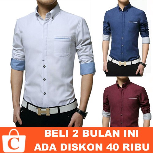 S M L XL - Kemeja Pria Hem Cowok Lengan Panjang Polos Kantong Saku Kotak PUTIH BIRU MERAH
