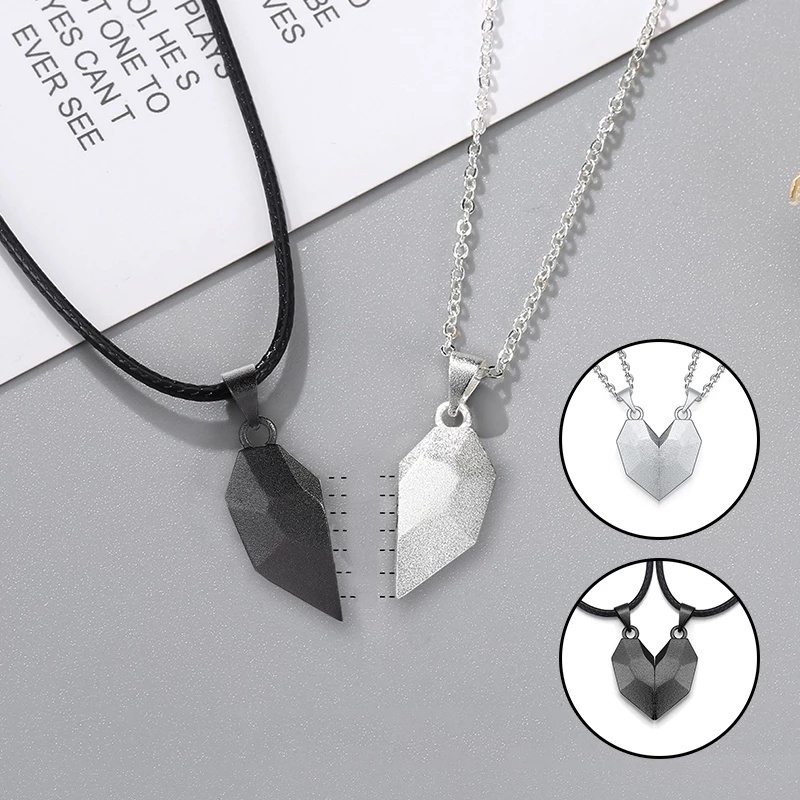 XiaoboACC 2Pcs/Set Kalung Rantai Pasangan / Pria / Wanita Liontin Hati Magnetik Untuk Hadiah Valentine 40CM+5CM