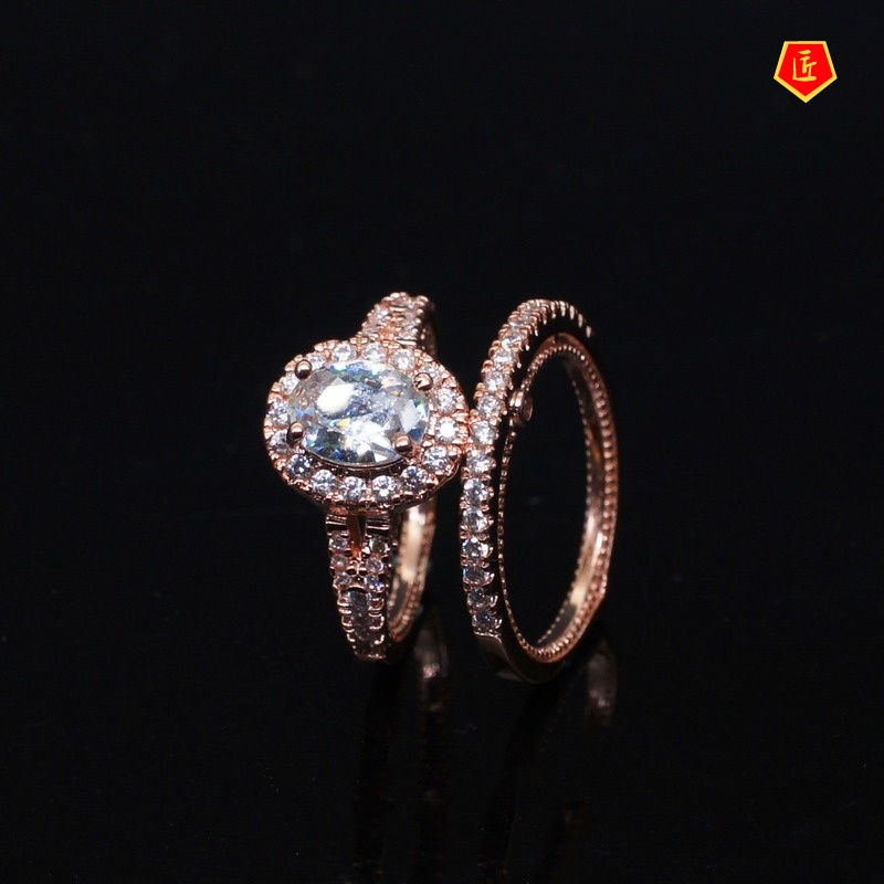 [Ready Stock]925 Silver 14K Rose Gold Diamond Ring Set Luxury Fashion