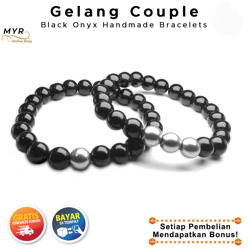 BISA COD Gelang Couple Pria Wanita Black Onyx Karet Tali Elastis Korea Dewasa Pasangan Hitam Keren