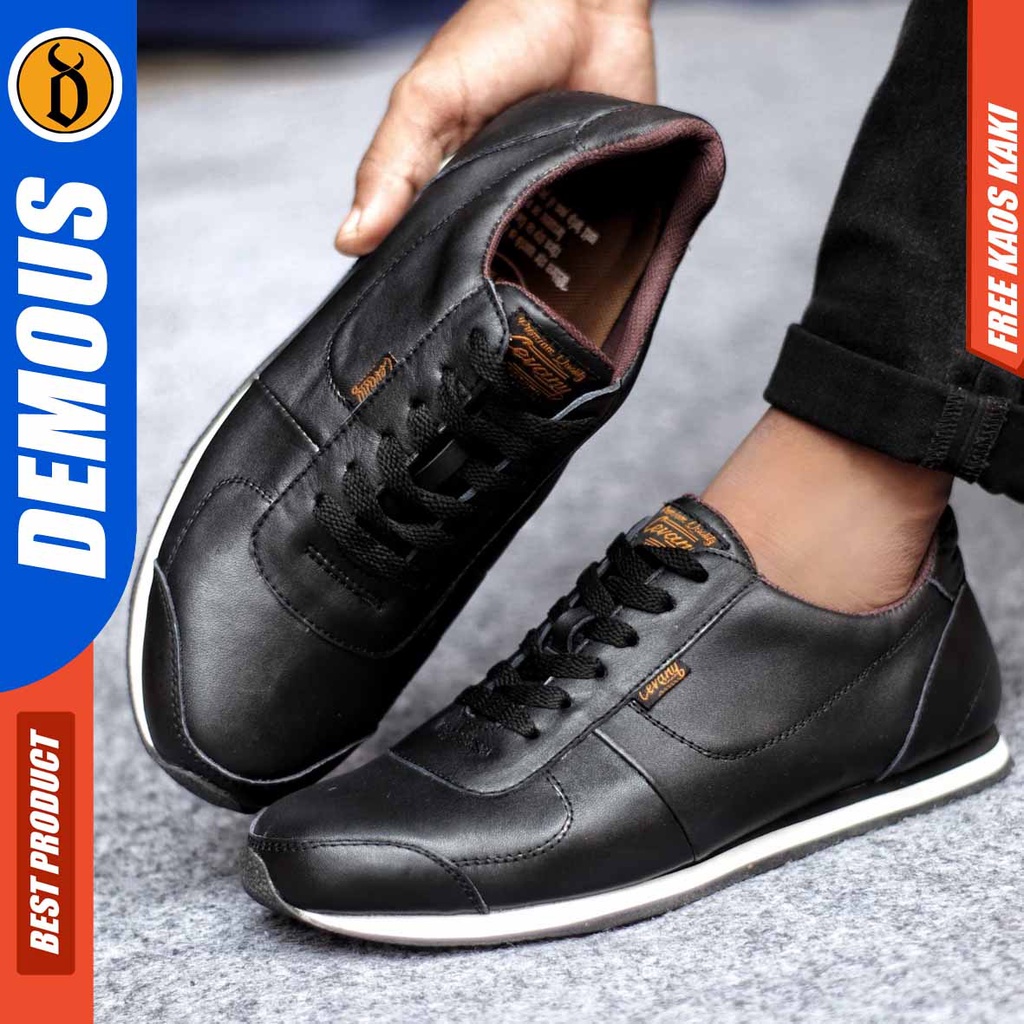 Sepatu Sneakers Pria Casual Kulit Asli Hitam Coklat Tan Demous Morley