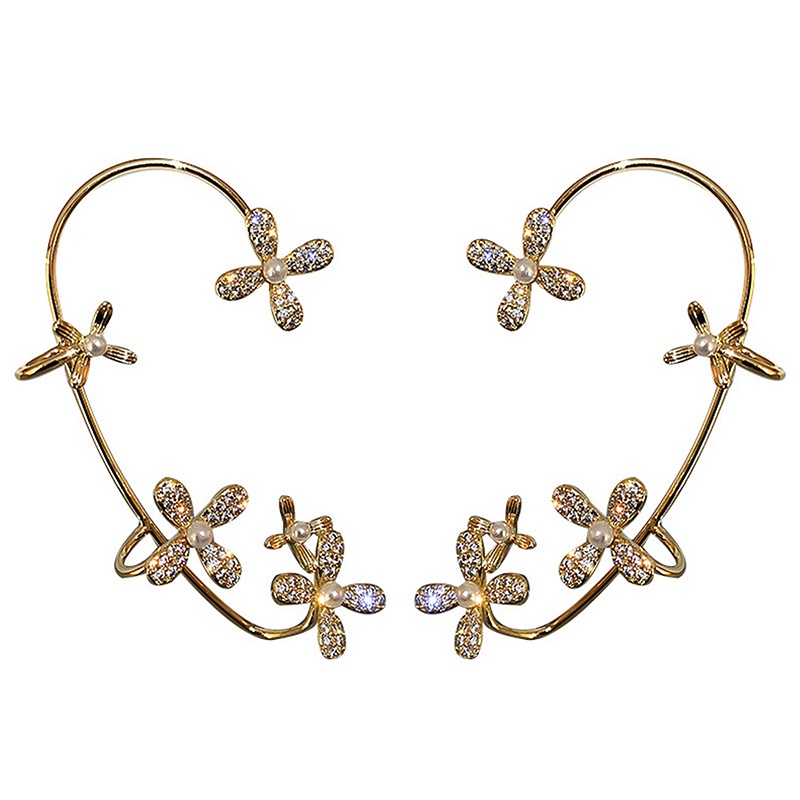 Fancyqube 1pc Anting Klip Rantai Rumbai Panjang Desain Bunga Hias Mutiara Imitasi Untuk Wanita