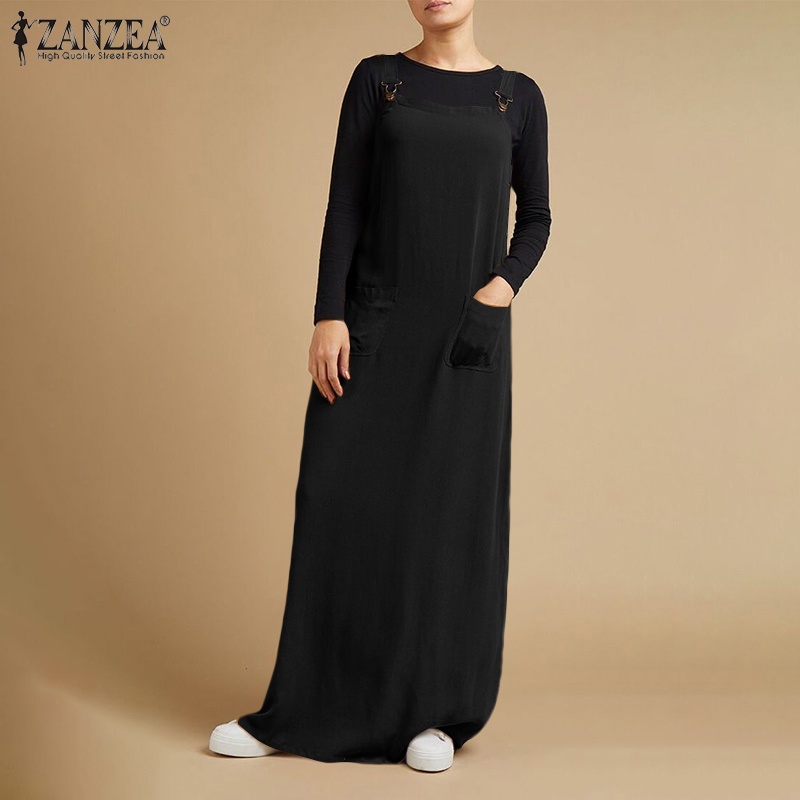 ZANZEA Women Fashion Sleeveless Square Neck Plain Casual Baggy Swing Maxi Dress