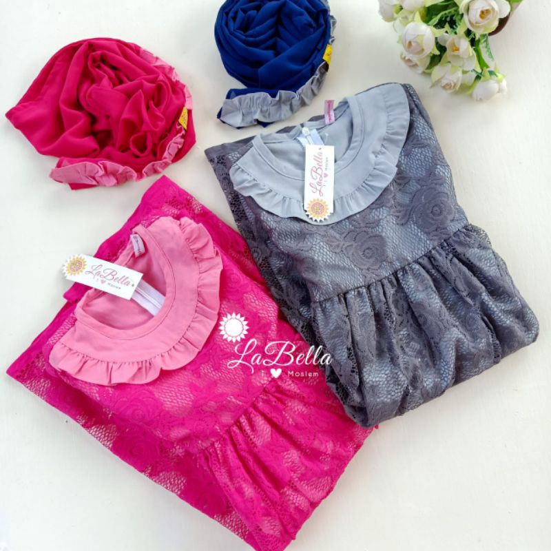 GAMIS 3 - 4 TAHUN PESTA BROKAT ABU FANTA BRUKAT BROKAT PINK GREY MS1-BKC LABELLA MUSLIMAH BROKADE