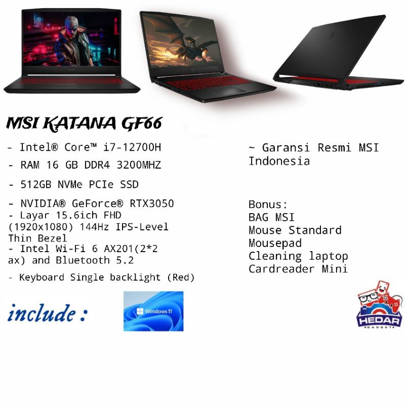 MSI KATANA GF66 12UC i7 12700H 16GB 512GB RTX3050 W11 15 FHD 144Hz
